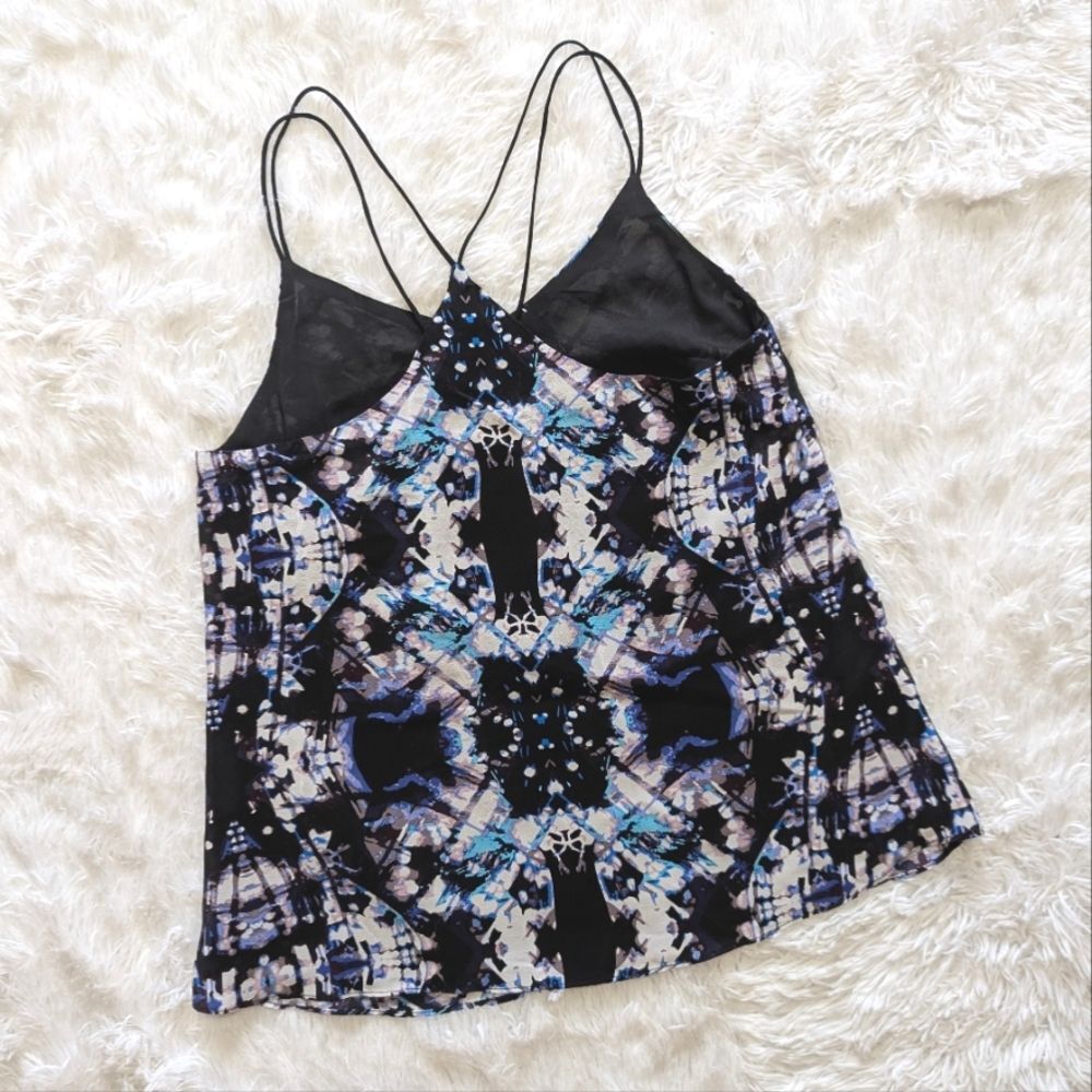 Aryn K 100% Silk Strappy Back Abstract Graphic Black & Blue Cami Top Size Small - Picture 5 of 10
